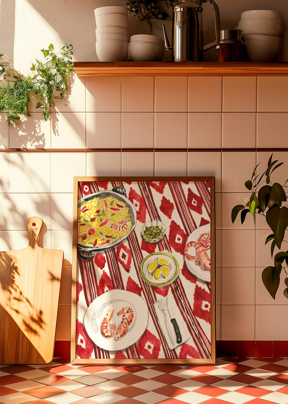 Arte para cozinha: paella e camarões sobre toalha estampada