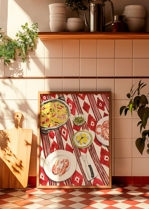 Arte para cozinha: paella e camarões sobre toalha estampada