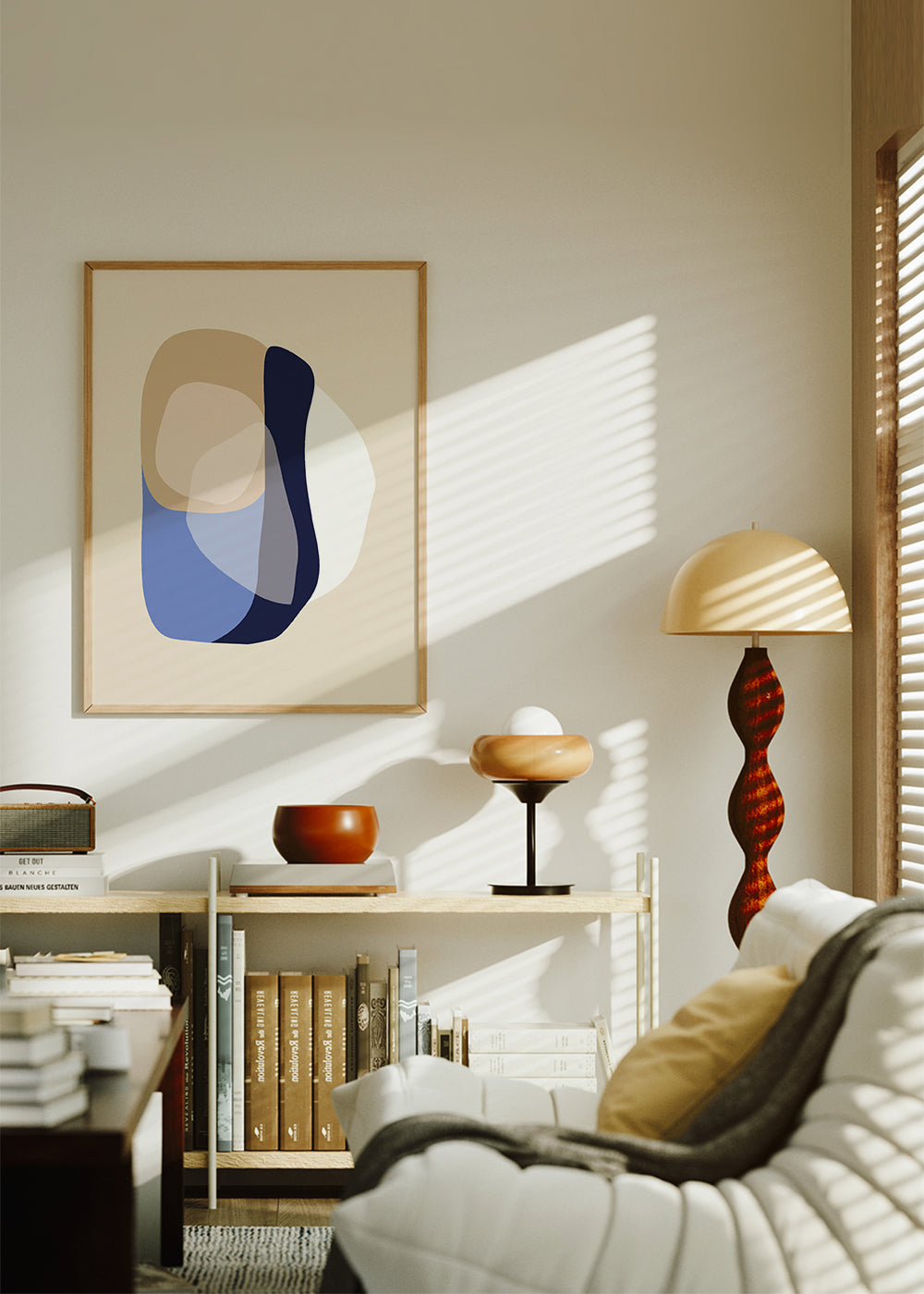 Design minimal com formas orgânicas bege e azul