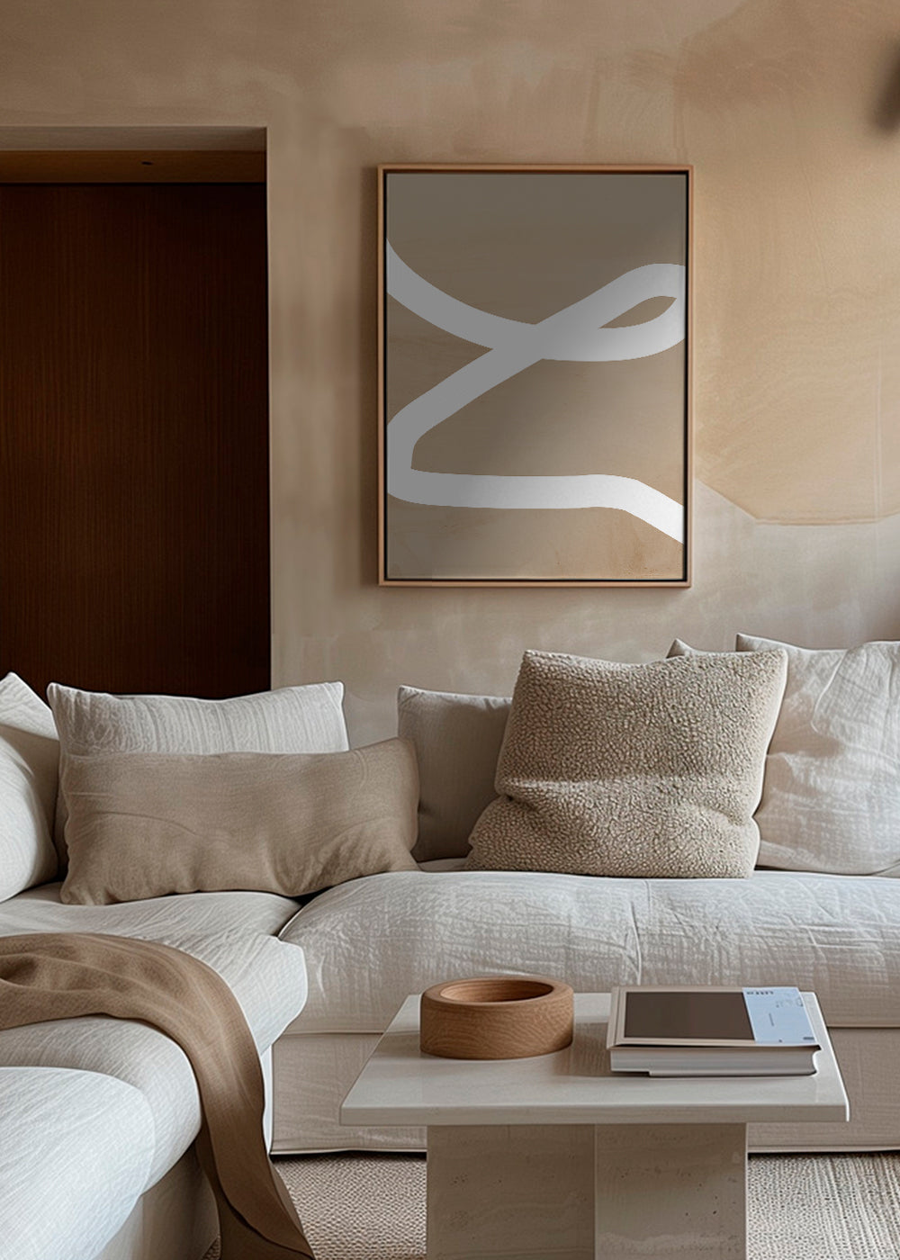 Quadro minimalista traço branco sobre bege