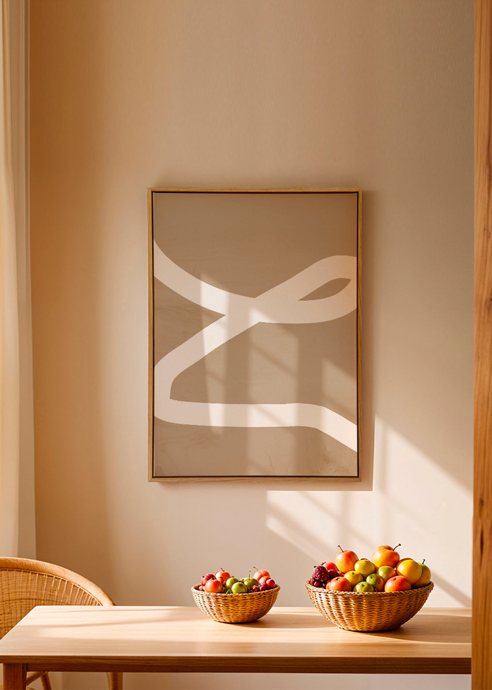 Quadro minimalista traço branco sobre bege