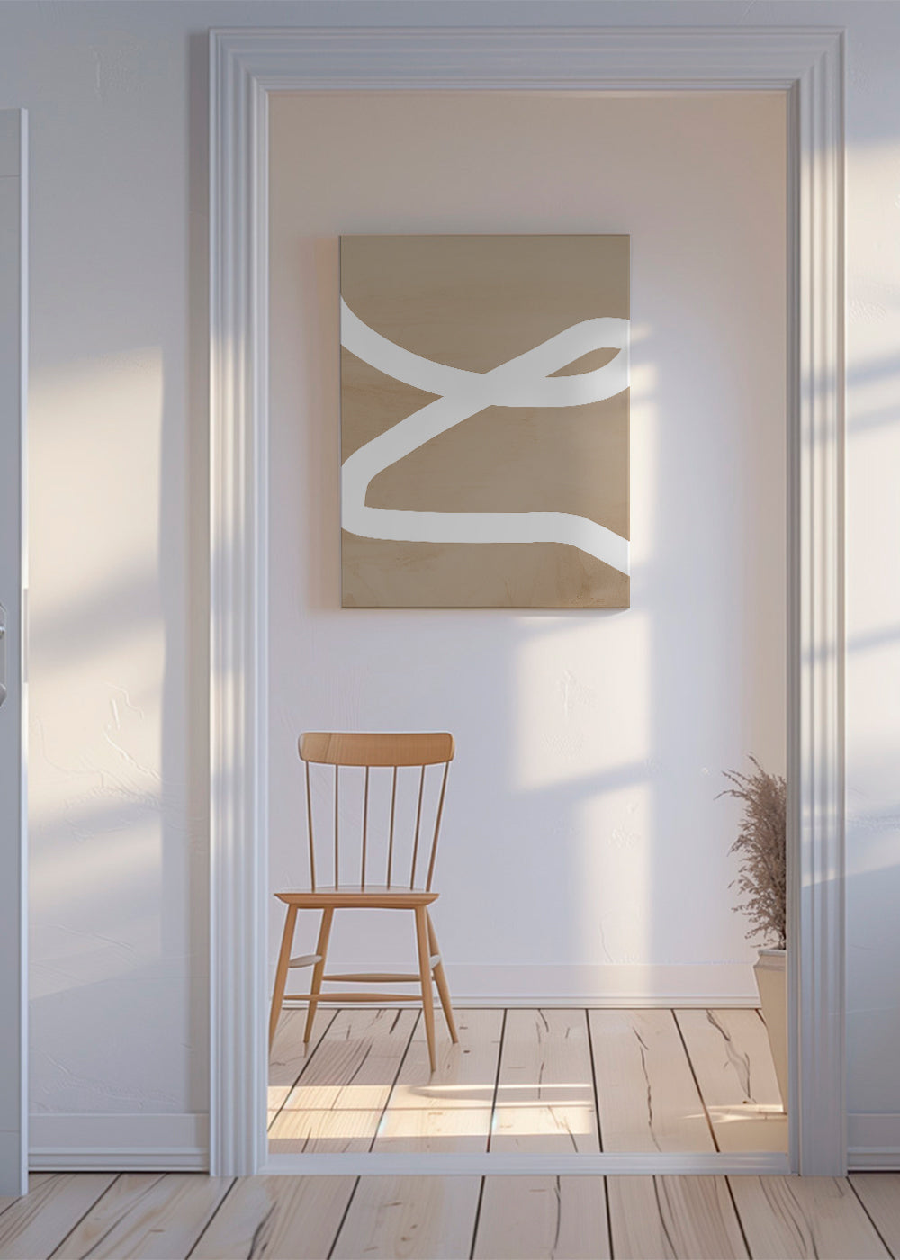 Quadro minimalista traço branco sobre bege