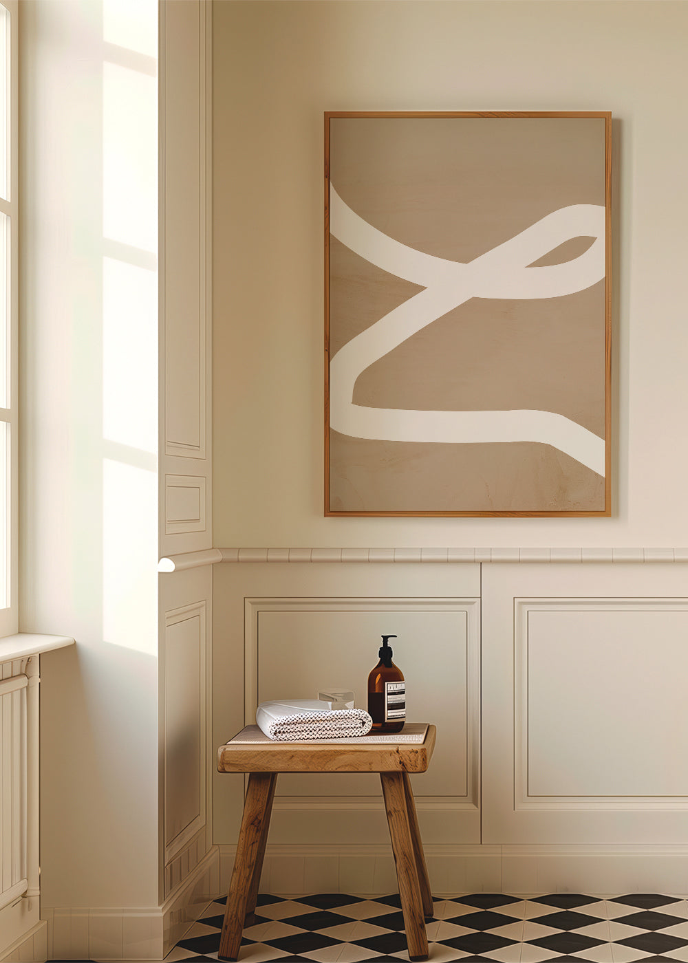 Quadro minimalista traço branco sobre bege