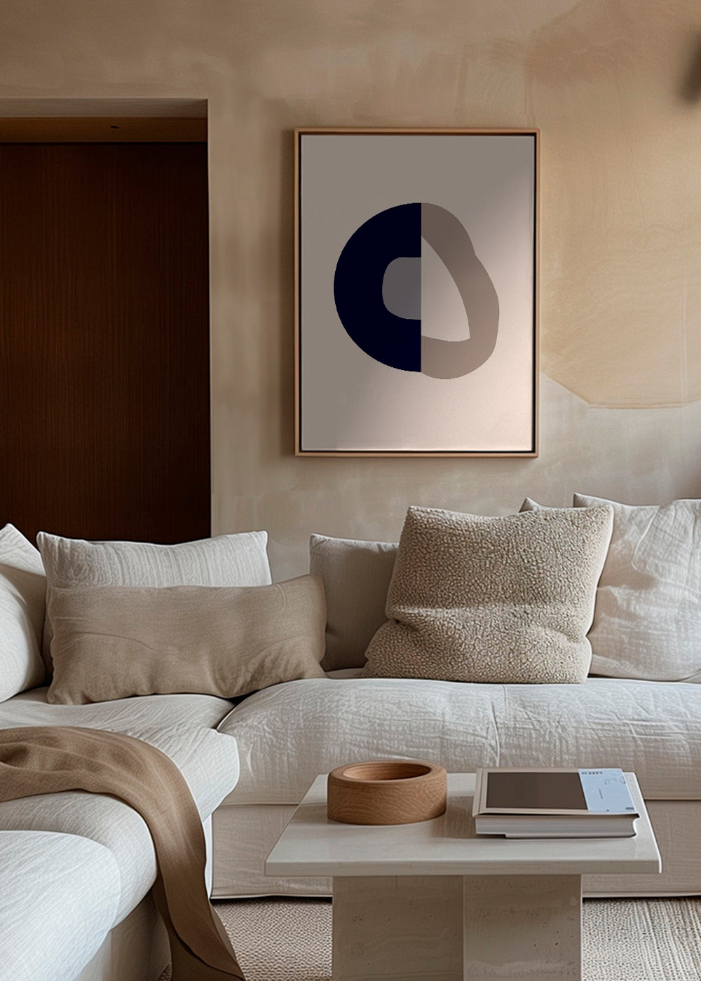 Quadro abstrato com arco azul e laço bege