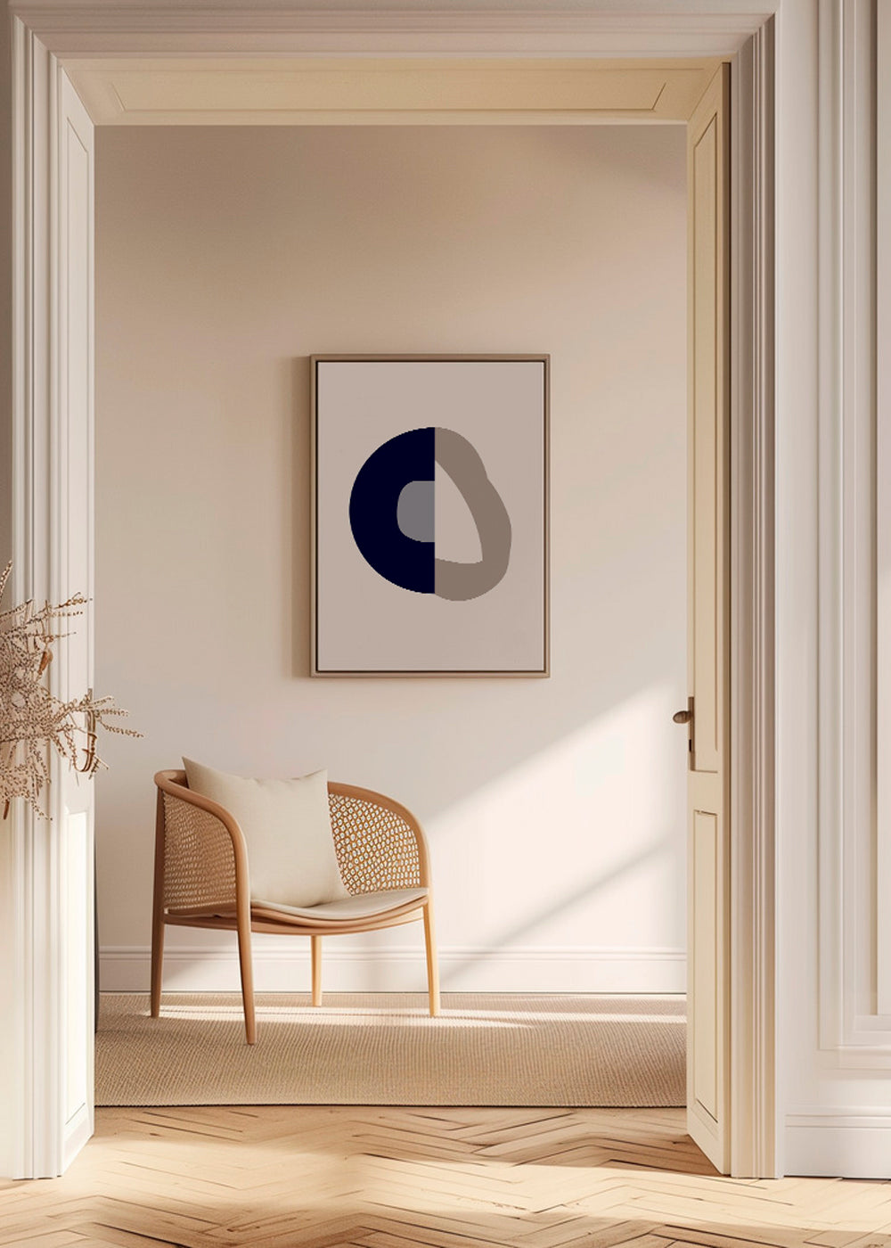 Quadro abstrato com arco azul e laço bege