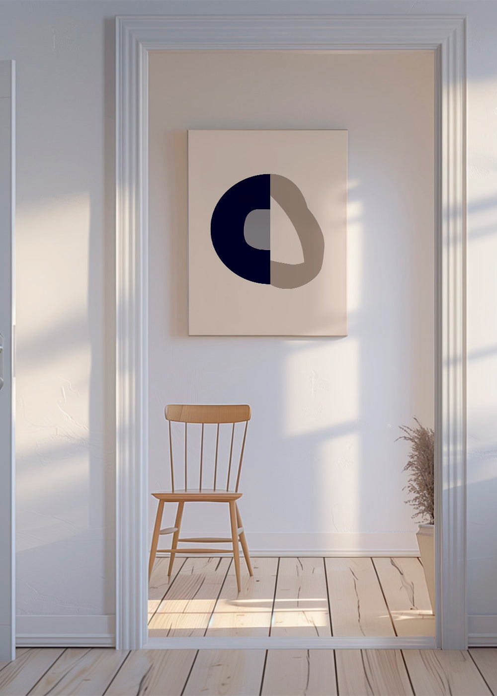 Quadro abstrato com arco azul e laço bege