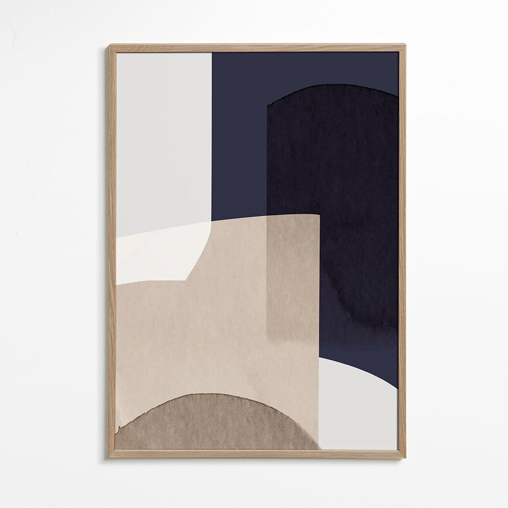 Obra abstrata bege e azul com formas sobrepostas