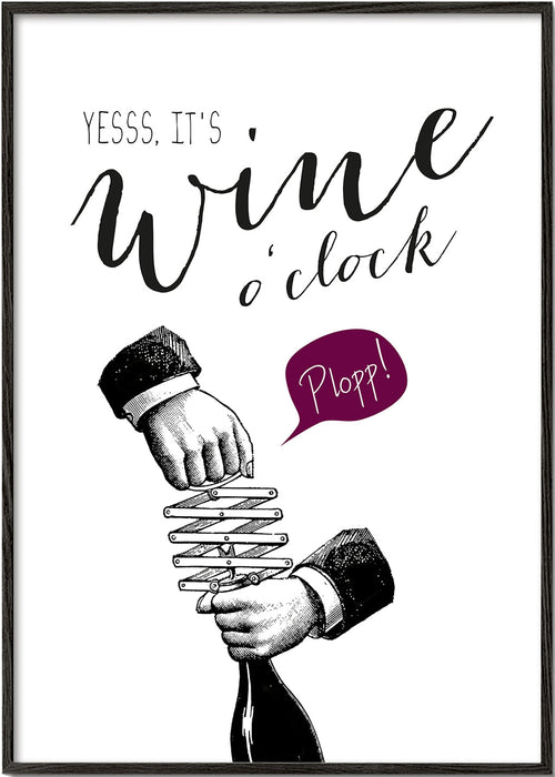 Arte para cozinha 'Wine o'clock' tipografia e desenho vintage