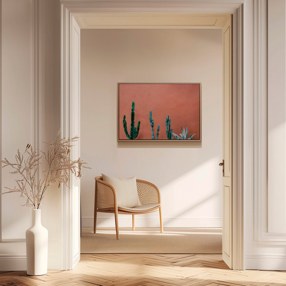 Estampa botânica com cactos em parede terracota – Canvas1