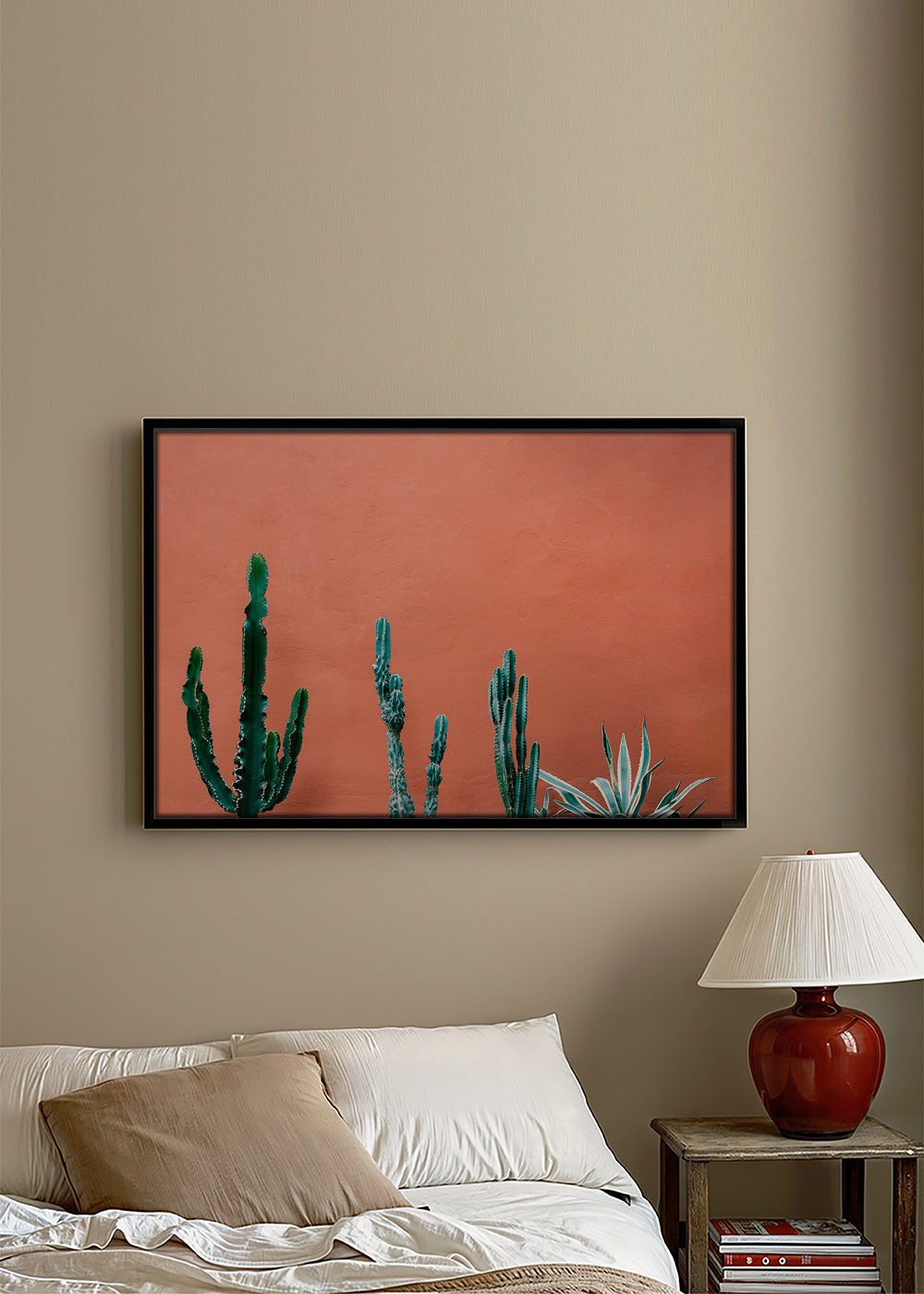 Estampa botânica com cactos em parede terracota – Canvas2