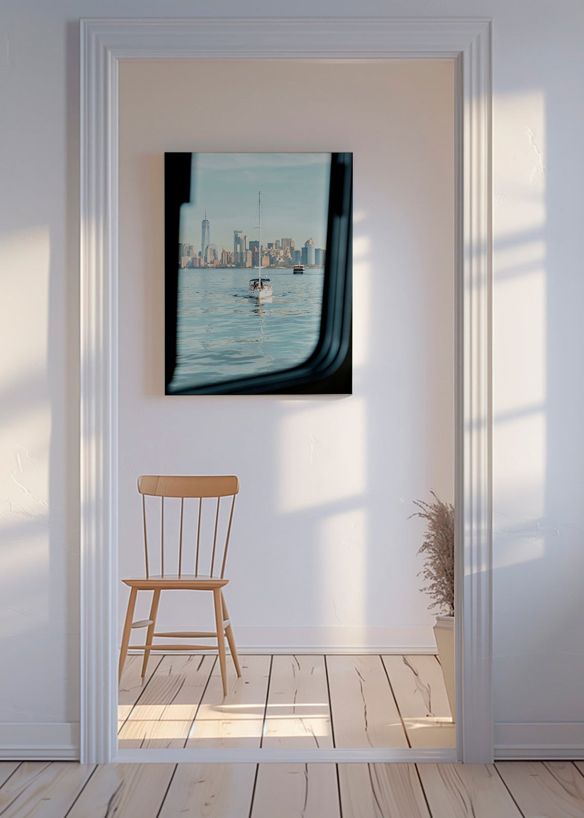 Quadro de viagem com veleiro e horizonte urbano – Canvas