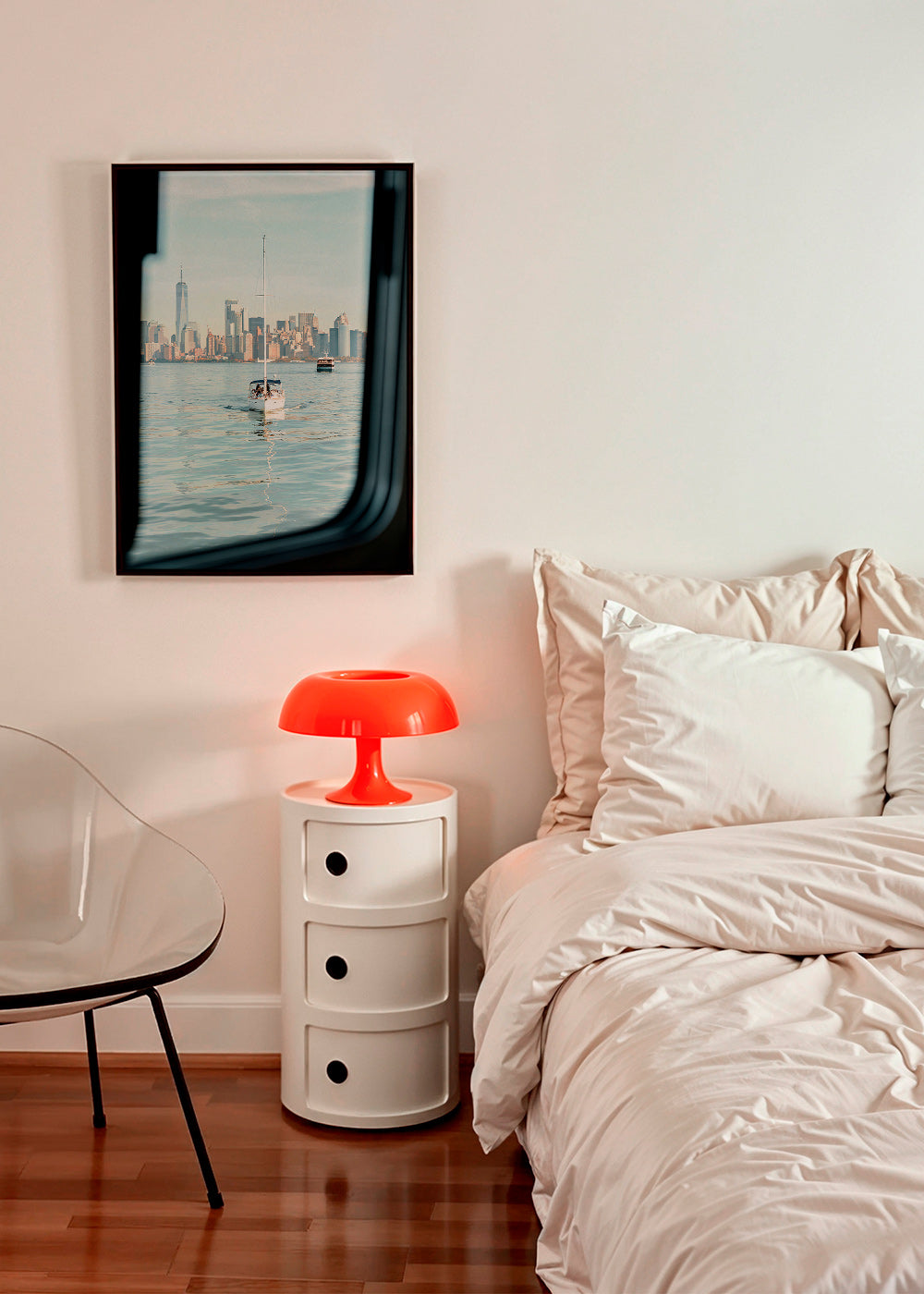 Quadro de viagem com veleiro e horizonte urbano – Product2