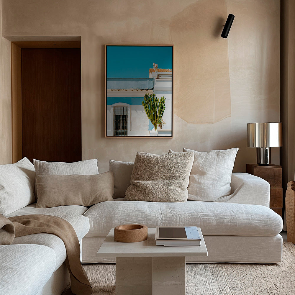 Estampa botânica: fachada mediterrânea com cacto – Canvas1