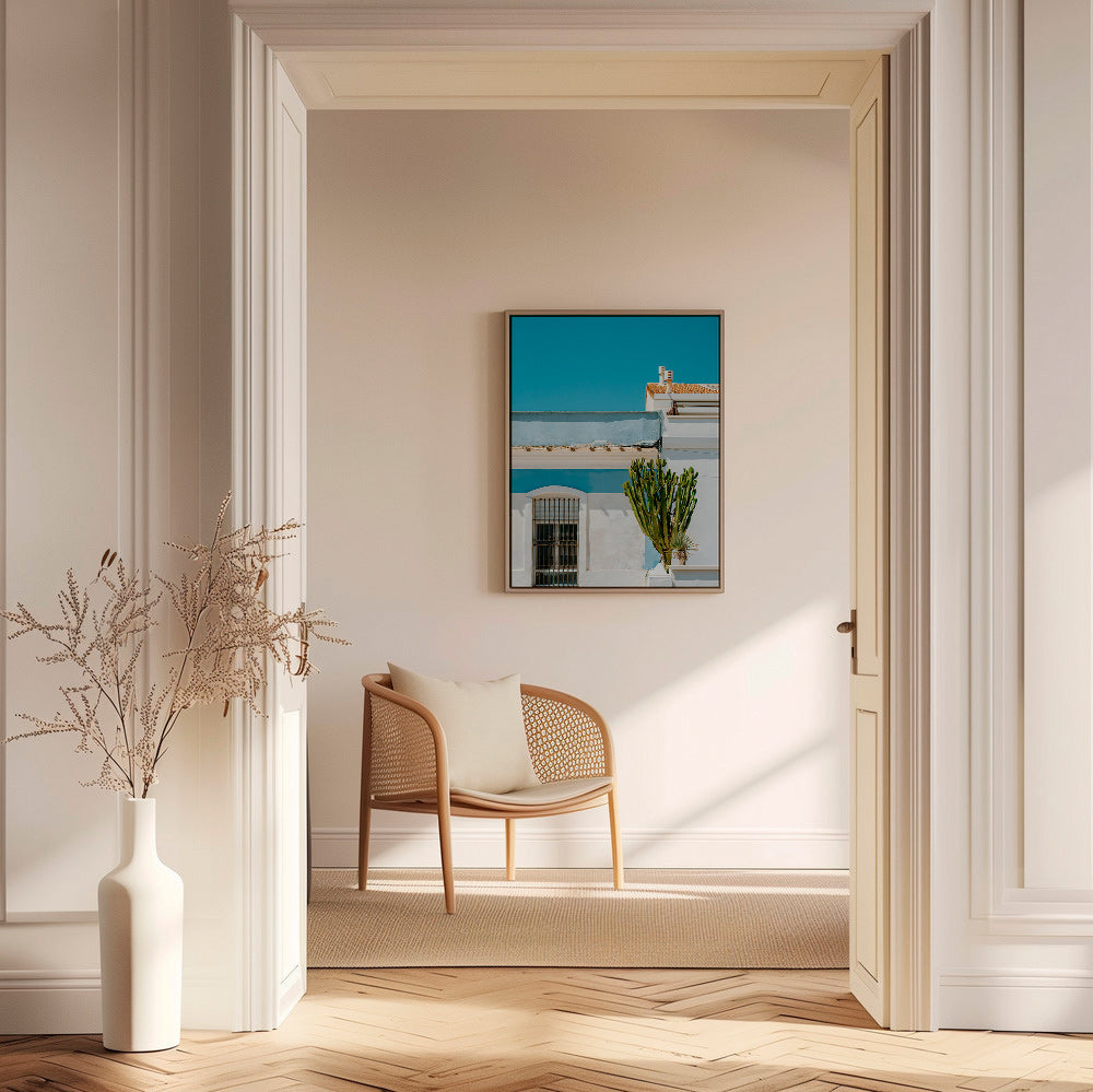 Estampa botânica: fachada mediterrânea com cacto – Canvas2