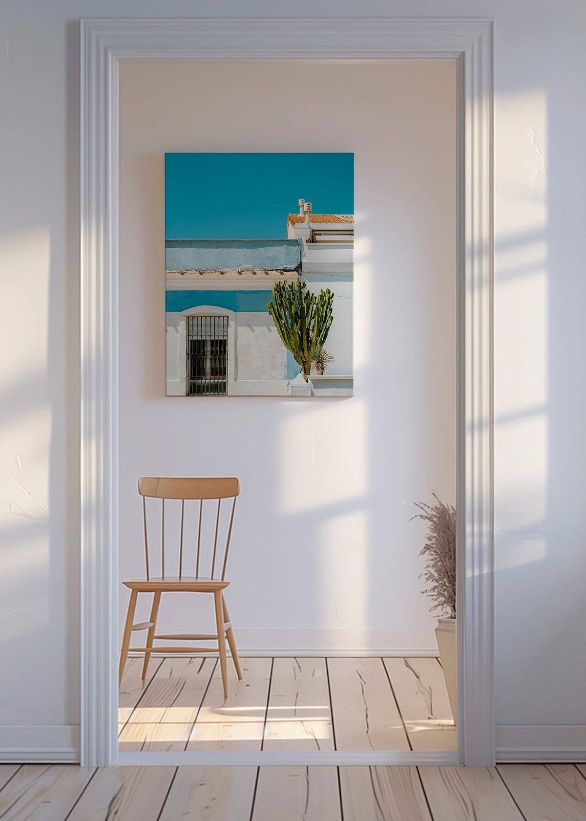 Estampa botânica: fachada mediterrânea com cacto – Canvas