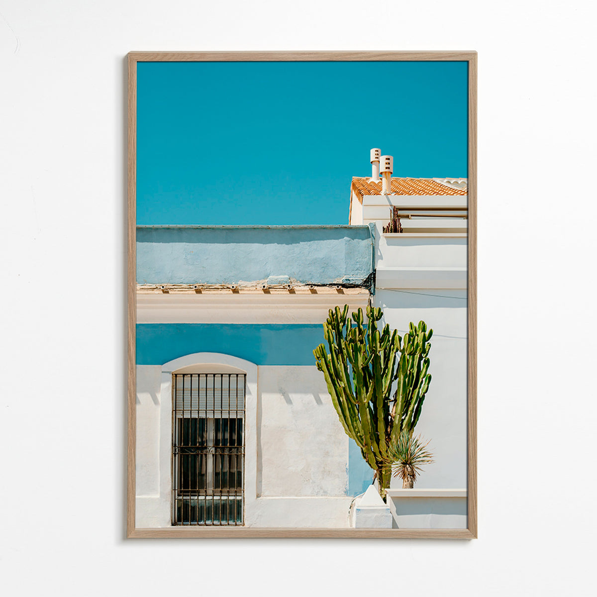 Estampa botânica: fachada mediterrânea com cacto – Oak Frame