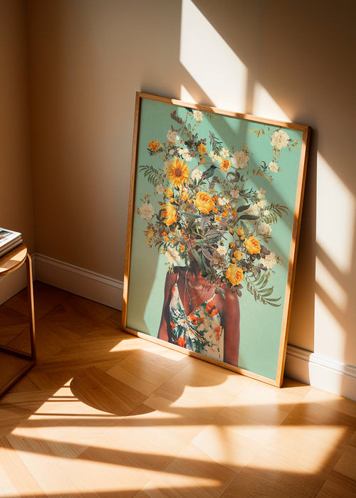 Estampa botânica com retrato e coroa de flores
