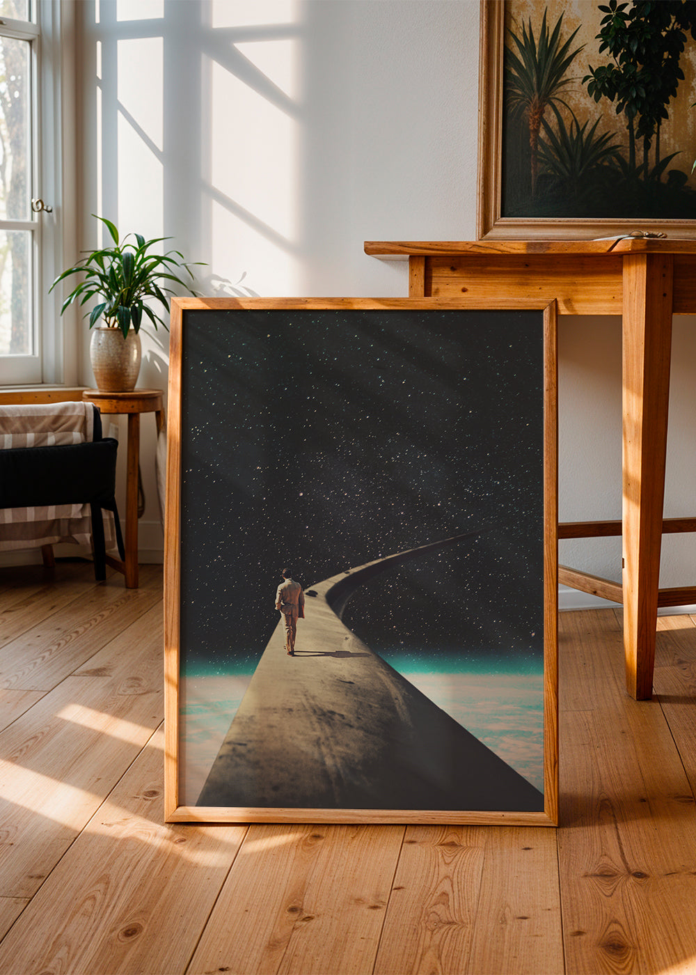 Fotografia surrealista de viajante sobre asa