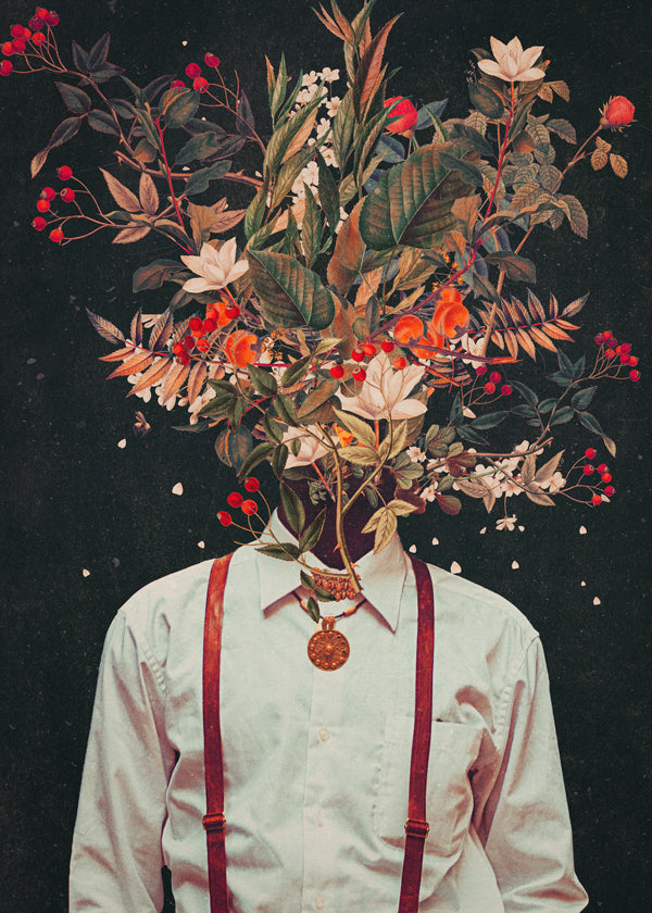 Estampa botânica: retrato floral surrealista