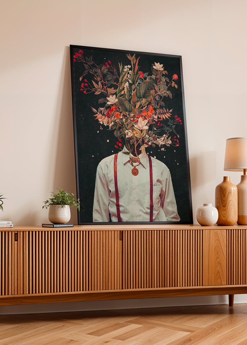 Estampa botânica: retrato floral surrealista