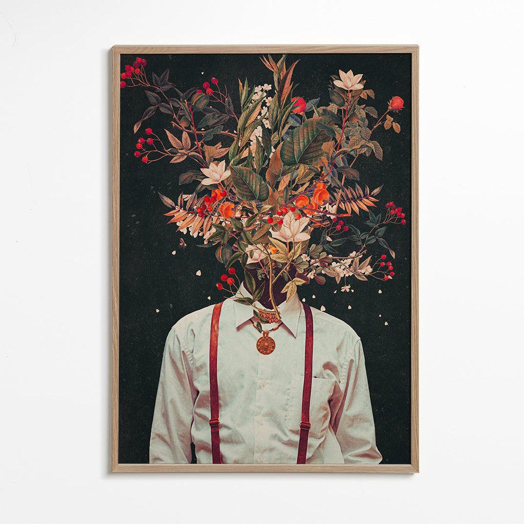 Estampa botânica: retrato floral surrealista