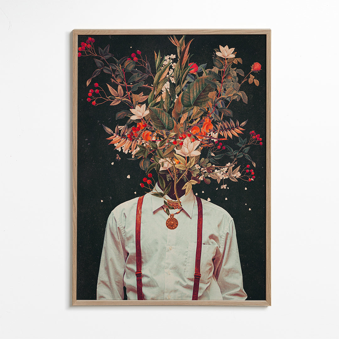 Estampa botânica: retrato floral surrealista