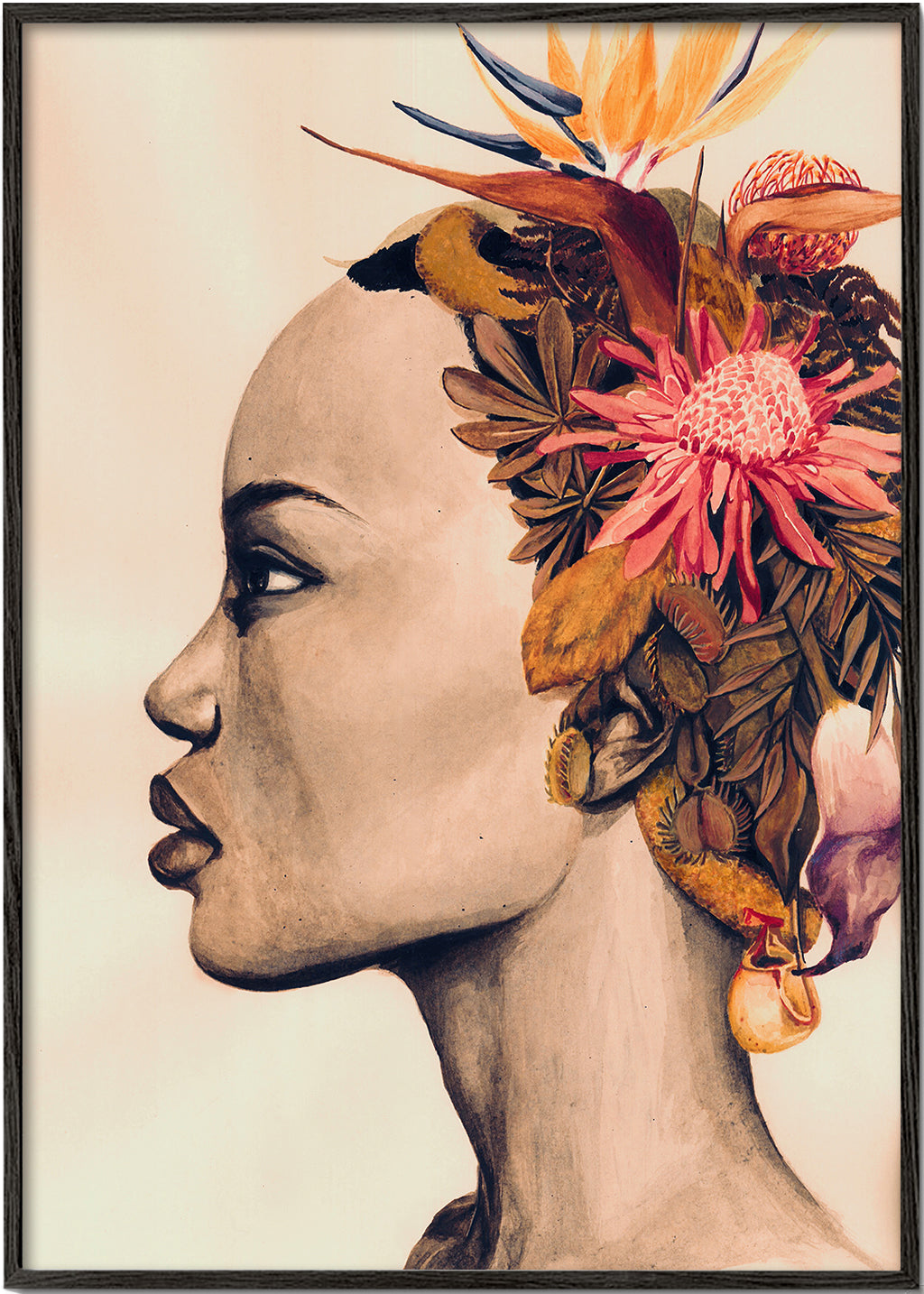 Estampa botânica: perfil feminino com coroa floral