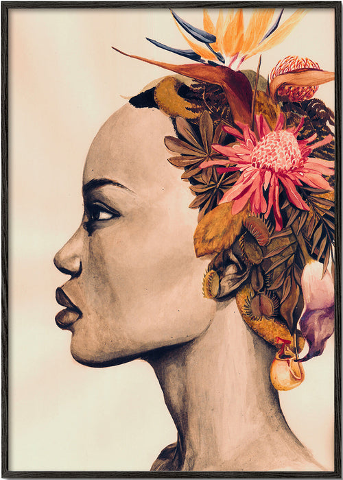 Estampa botânica: perfil feminino com coroa floral