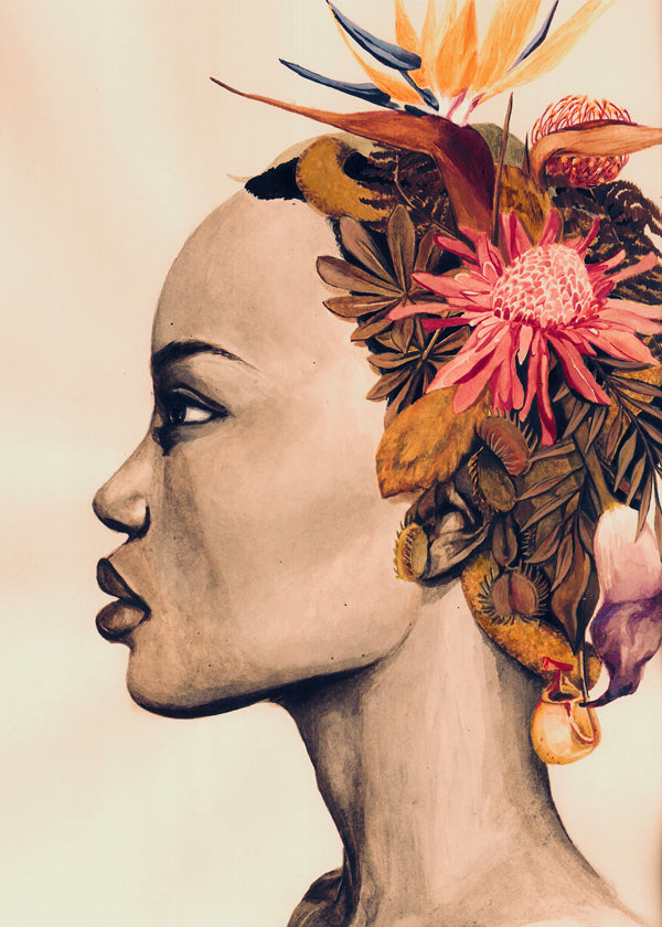 Estampa botânica: perfil feminino com coroa floral