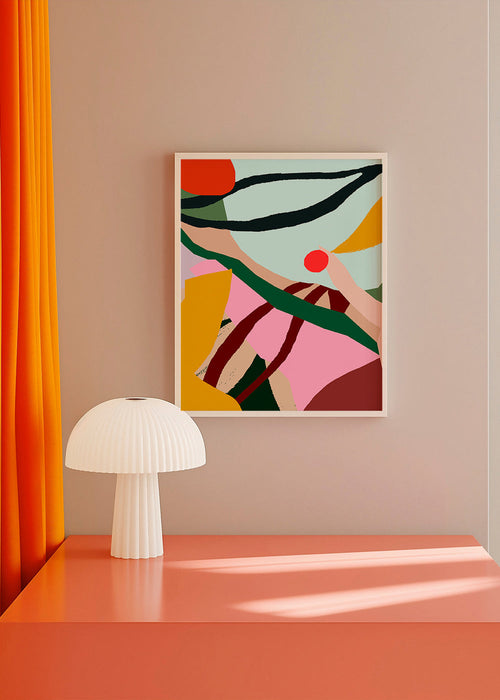Ilustração abstrata com fruta e mão