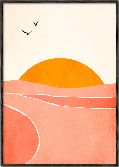 Arte de paisagem com sol coral geométrico