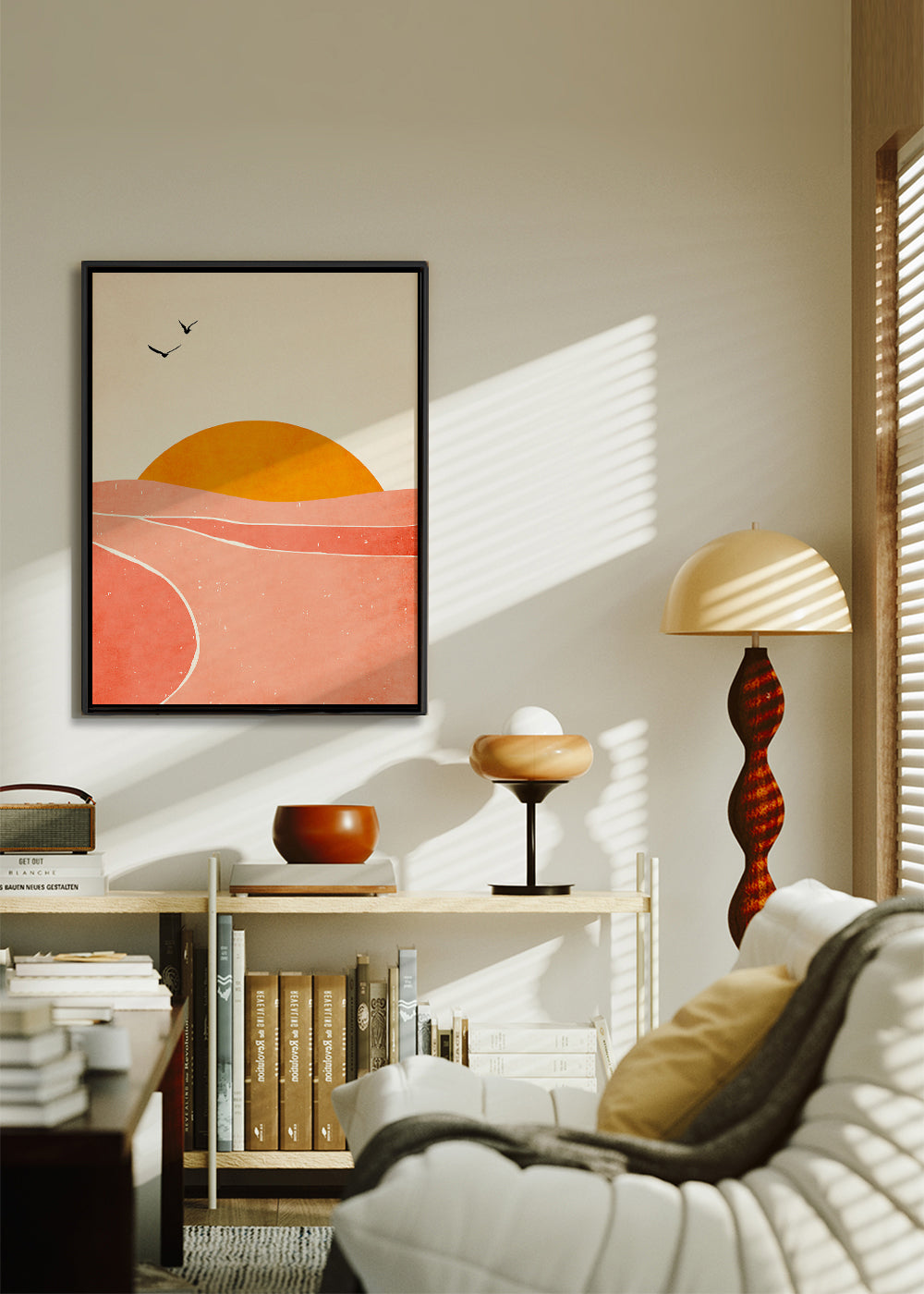 Arte de paisagem com sol coral geométrico