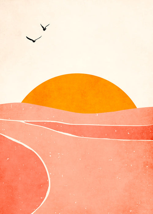 Arte de paisagem com sol coral geométrico