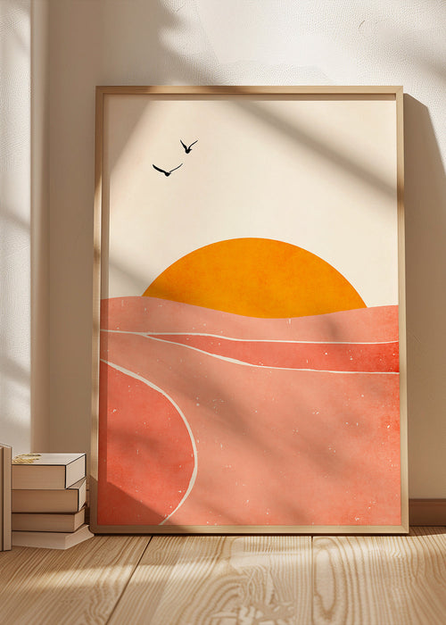 Arte de paisagem com sol coral geométrico