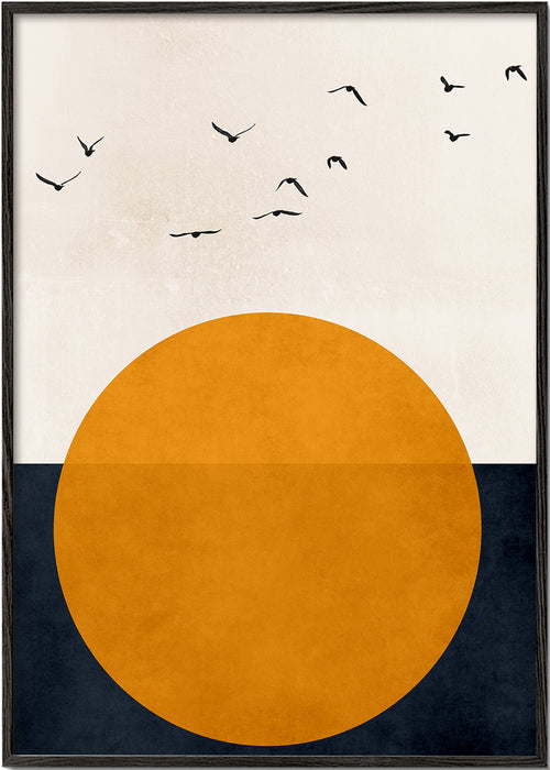 Quadro geométrico sol laranja e aves