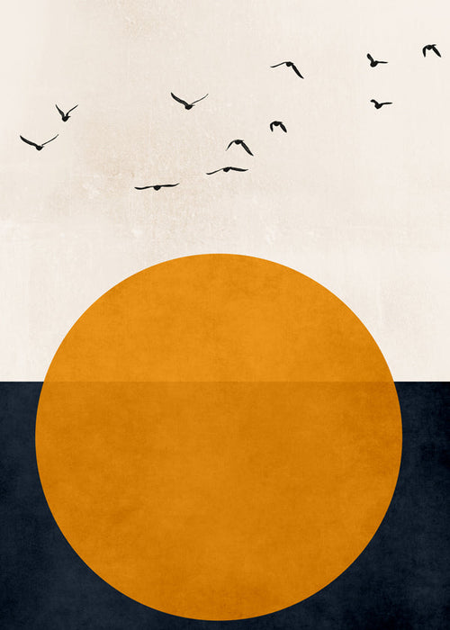 Quadro geométrico sol laranja e aves