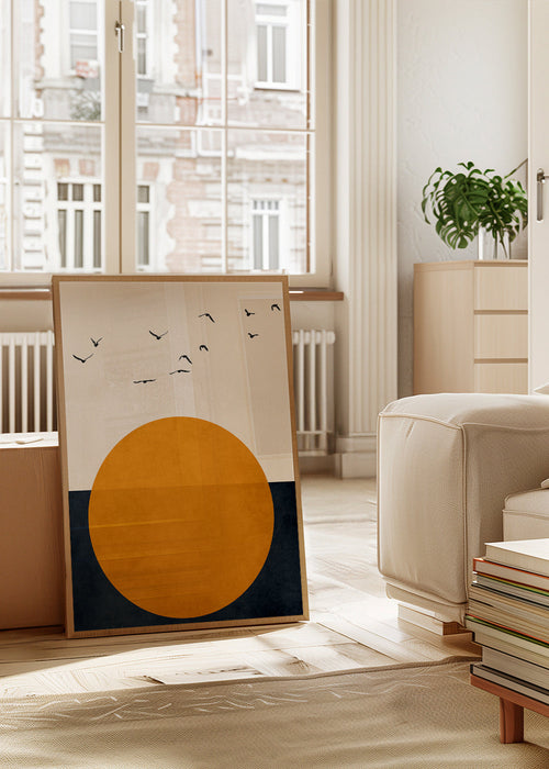 Quadro geométrico sol laranja e aves