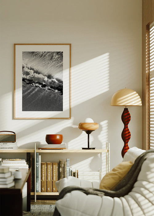 Quadro paisagem: ondas aéreas a preto e branco