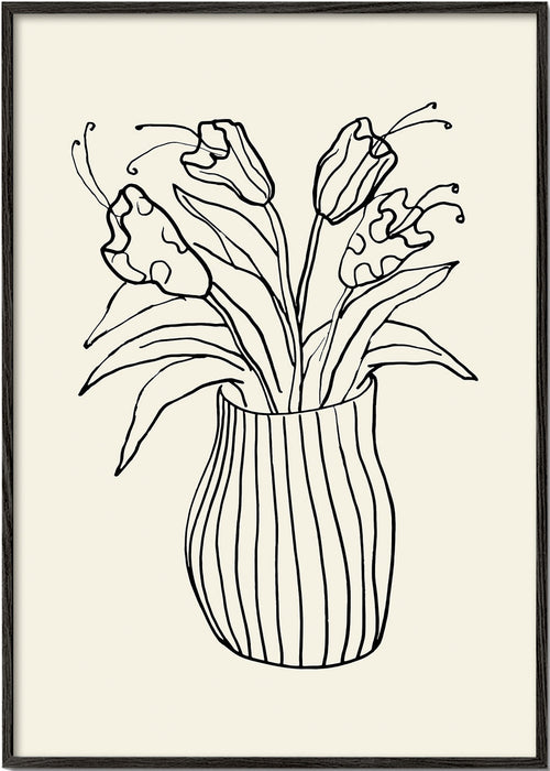 Estampa botânica: vaso com tulipas em traço linear