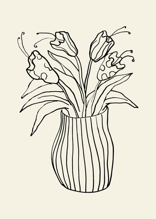 Estampa botânica: vaso com tulipas em traço linear