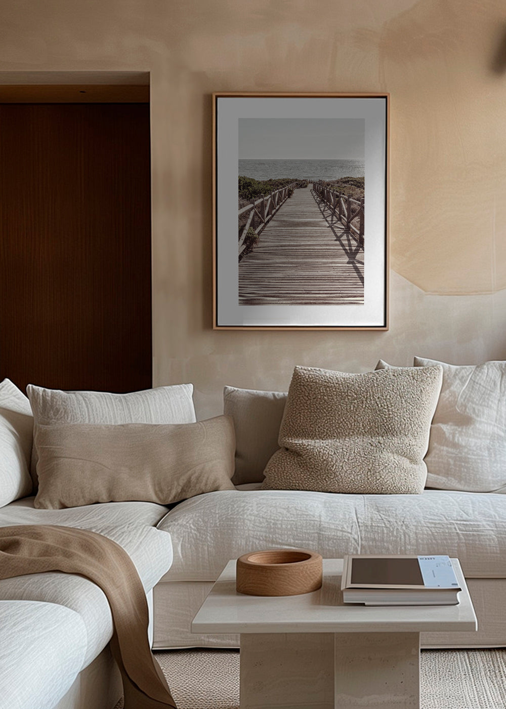 Quadro paisagem com passarela para a praia