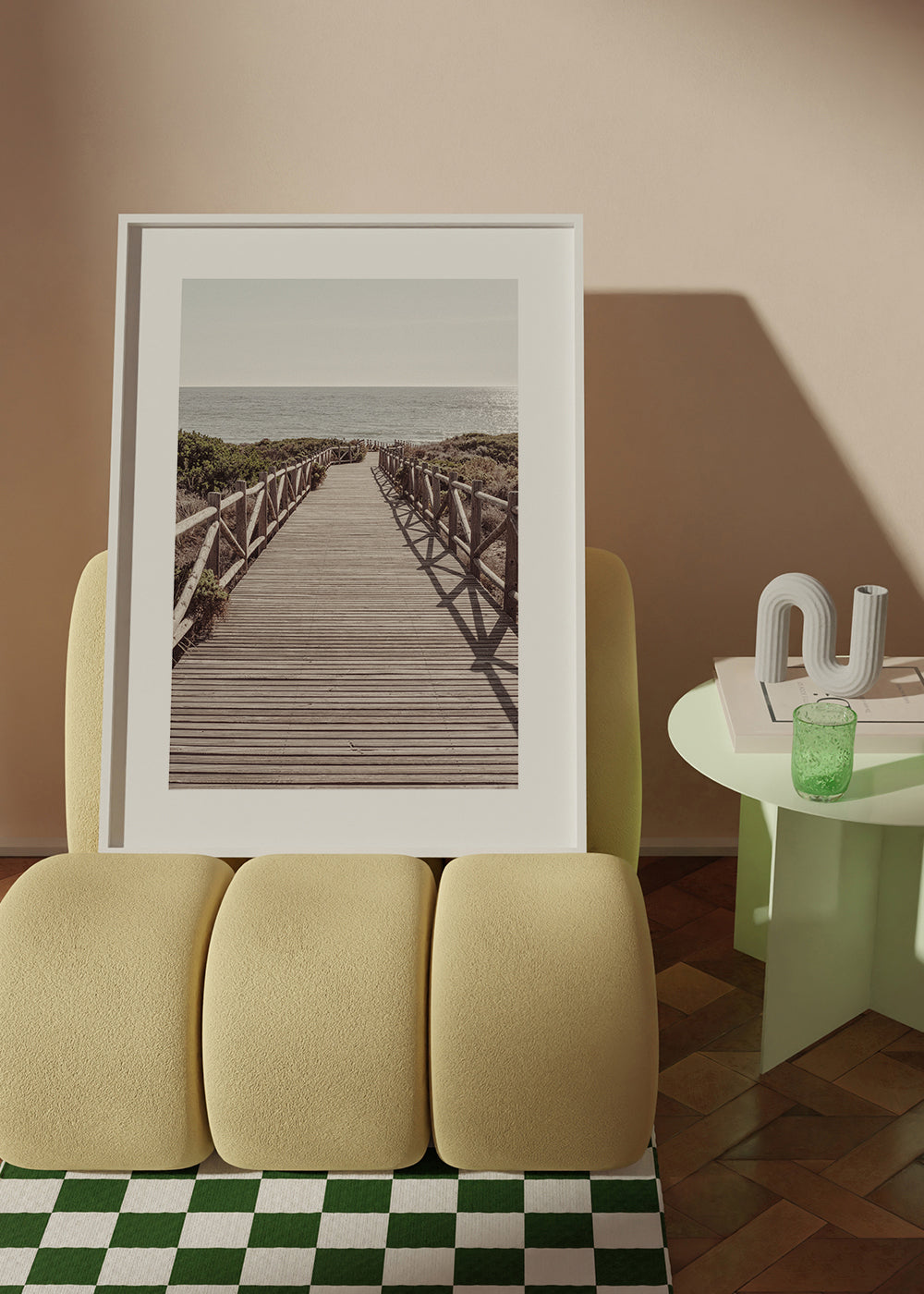 Quadro paisagem com passarela para a praia