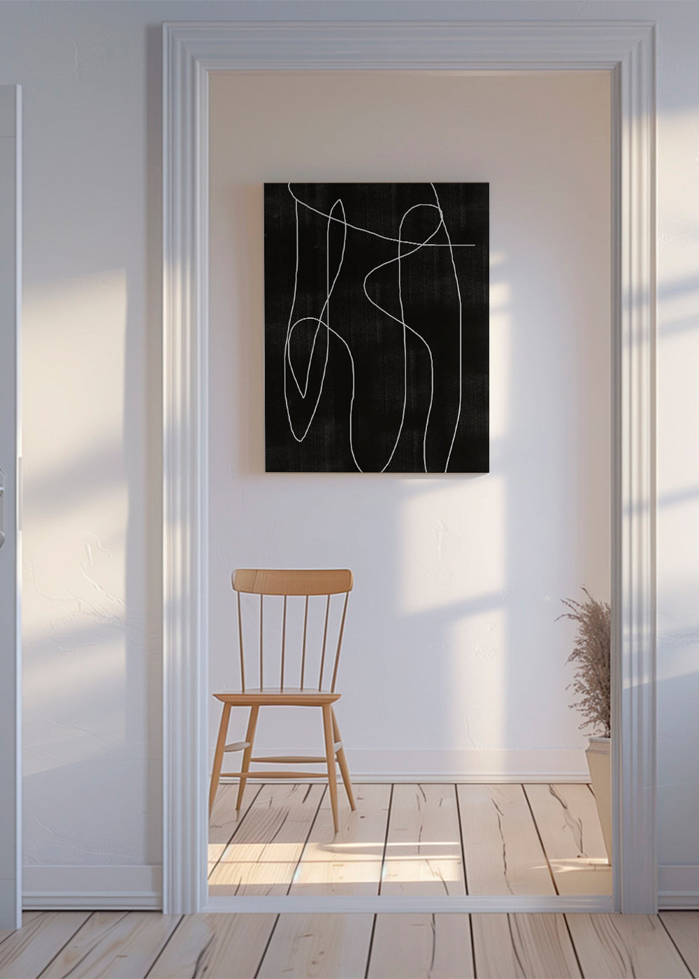 Obra abstrata com linha contínua sobre fundo escuro