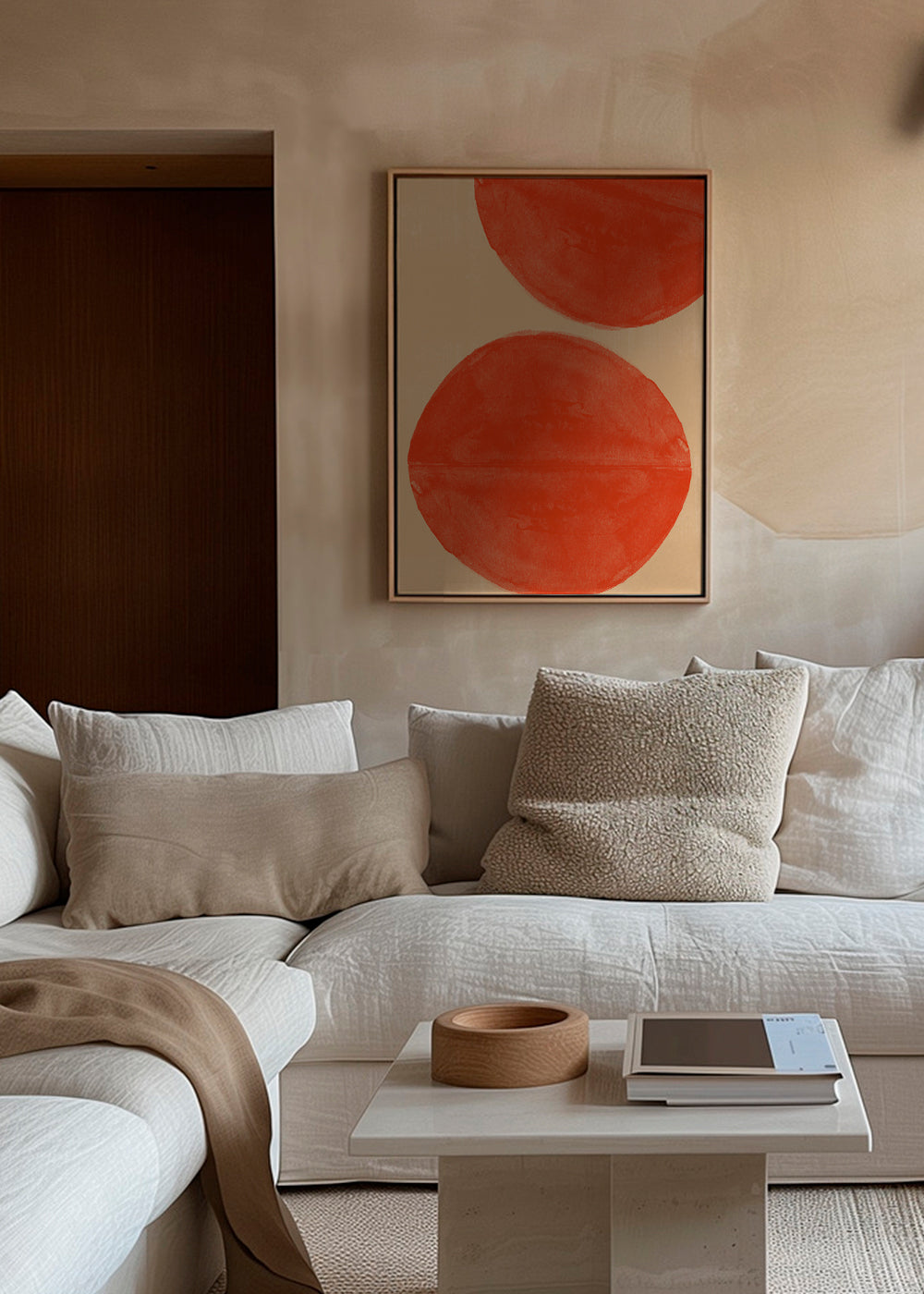 Arte abstrata: círculos vermelhos sobre bege