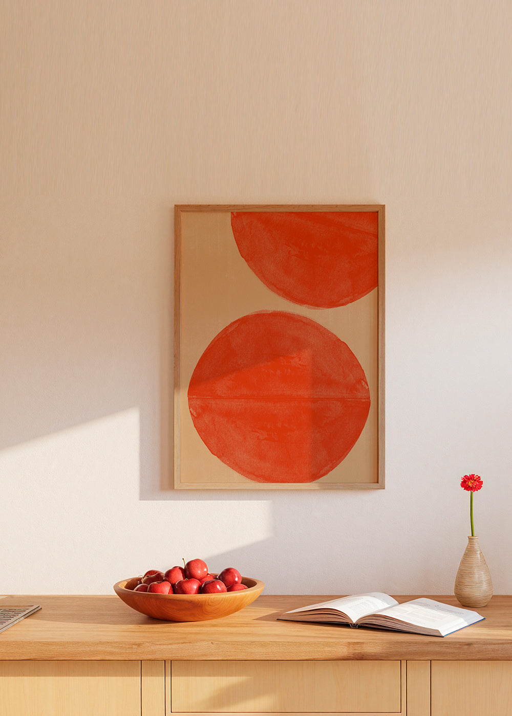 Arte abstrata: círculos vermelhos sobre bege