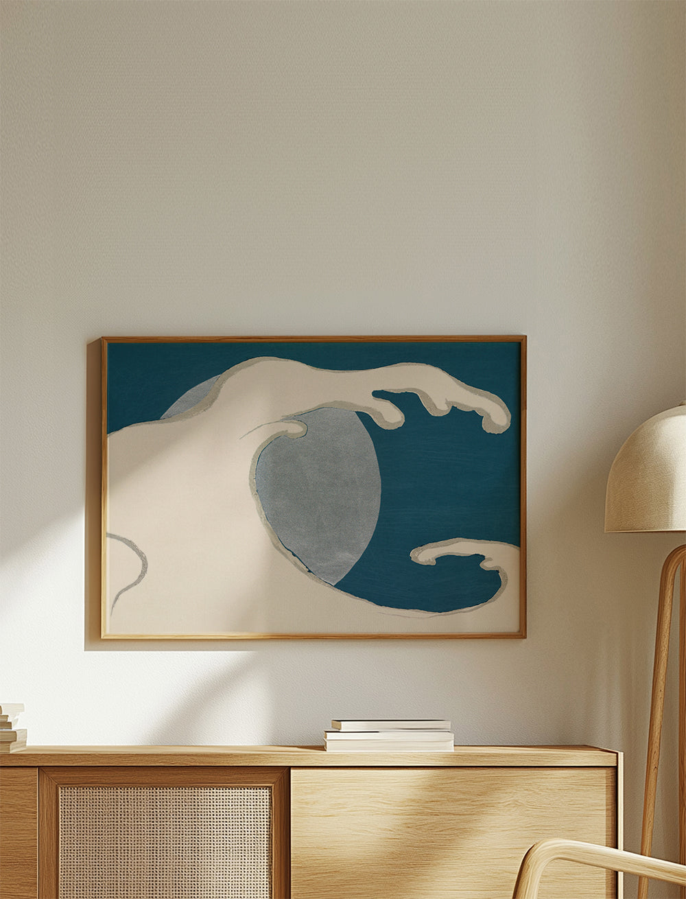 Ilustração: onda estilizada e disco lunar