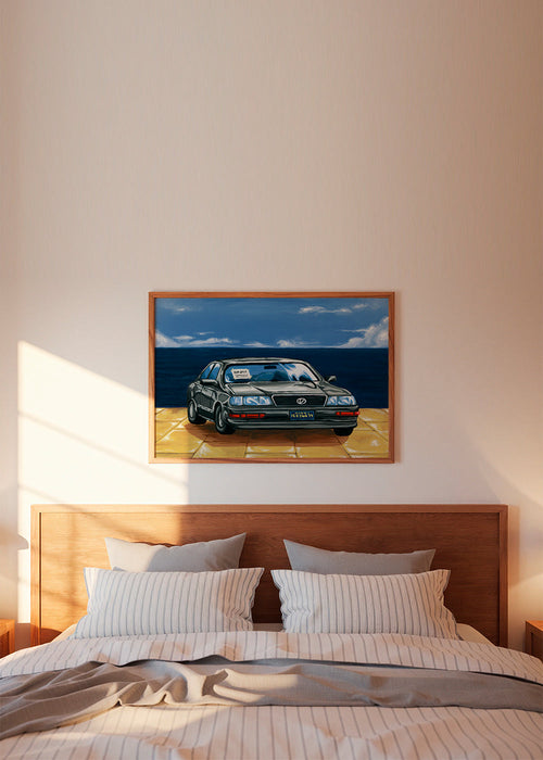 Quadro paisagem com carro junto ao mar