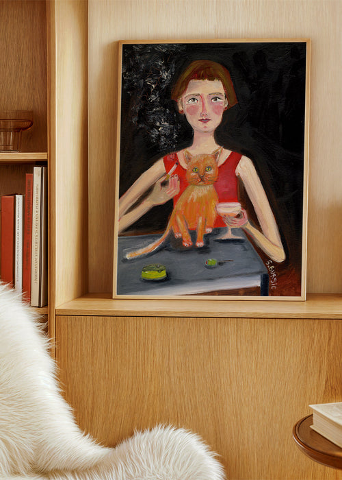 Arte vintage mulher com coquetel e gato
