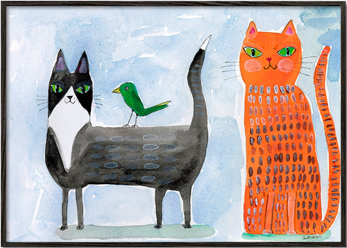 Ilustração de gato e pássaro divertida