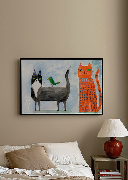 Ilustração de gato e pássaro divertida